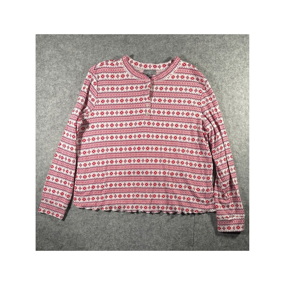 Loft Sleep Womens XL Henley Pajama Top Red Fair Isle Snowflake Long Sleeve Rib
